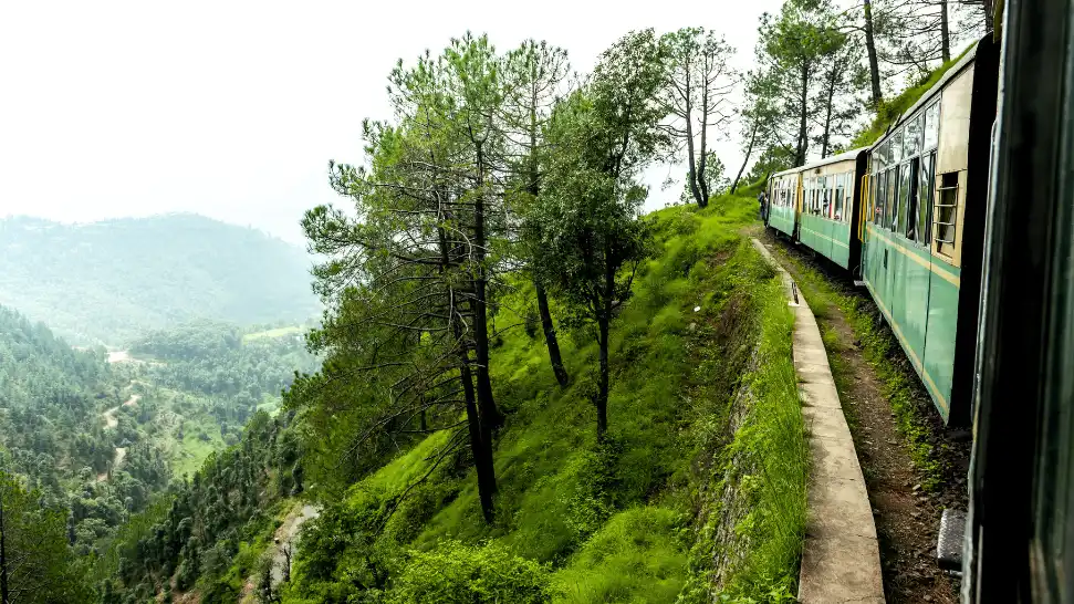 Kalka Shimla toy train route through pine forest tunnels