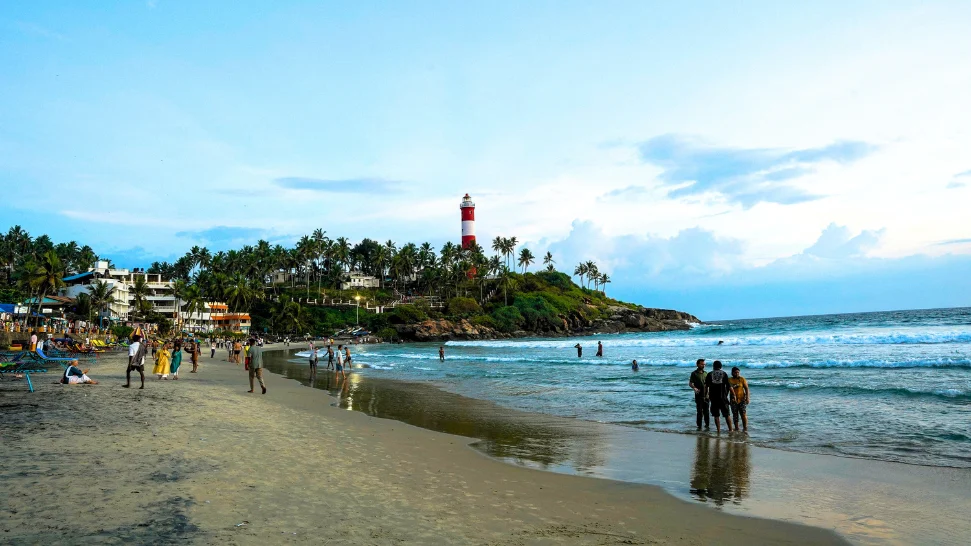 Kovalam Beach with dramatic waves during Kerala monsoon