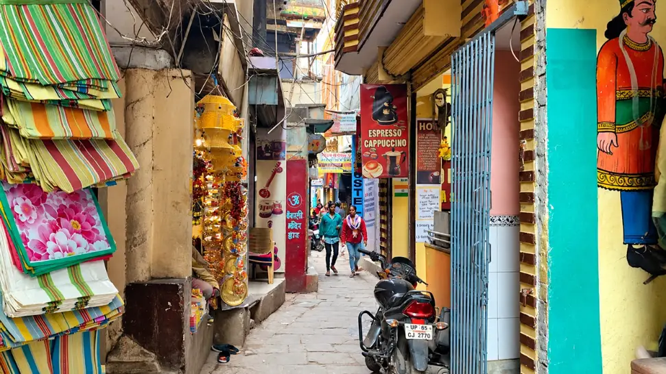 Narrow lanes of Vishwanath Gali with local shops in Old Varanasi