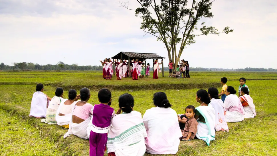 Bohag Bihu celebration in Assam featuring traditional Assamese dance, music and colourful festive attire