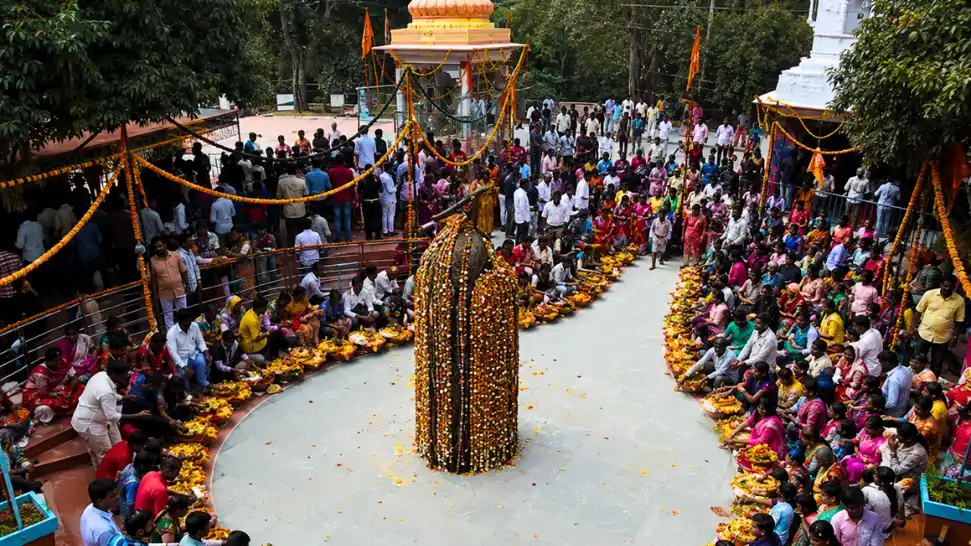 Maha Shivratri celebration at a Shiva temple in Varanasi with devotees offering prayers to Lord Shiva