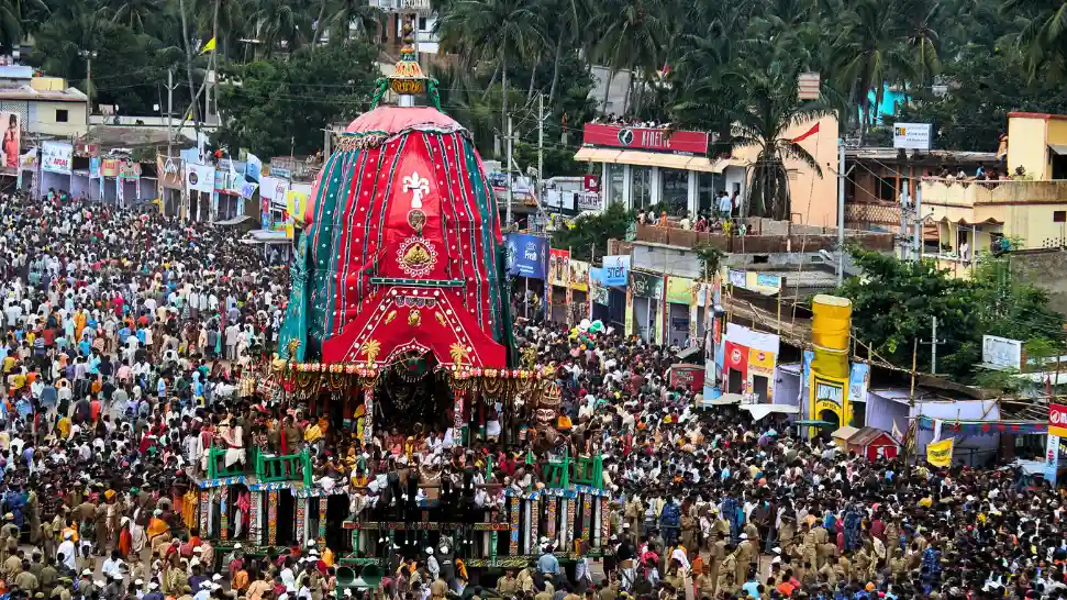 Rath Yatra in Puri featuring the grand chariots of Lord Jagannath, Balabhadra and Subhadra