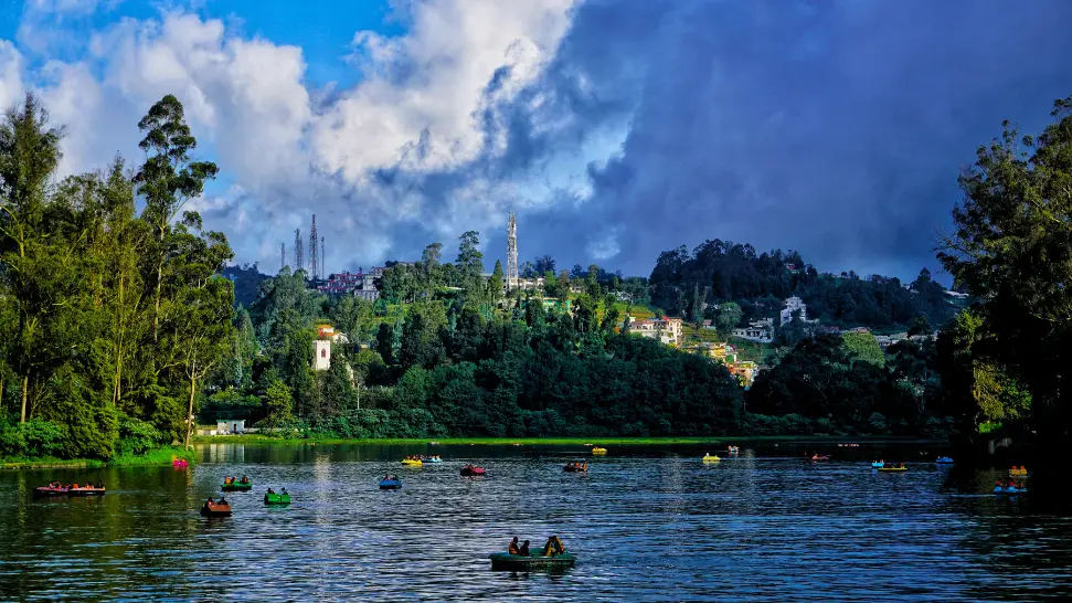 Beautiful Ooty Lake with Nilgiri hills and lush botanical gardens