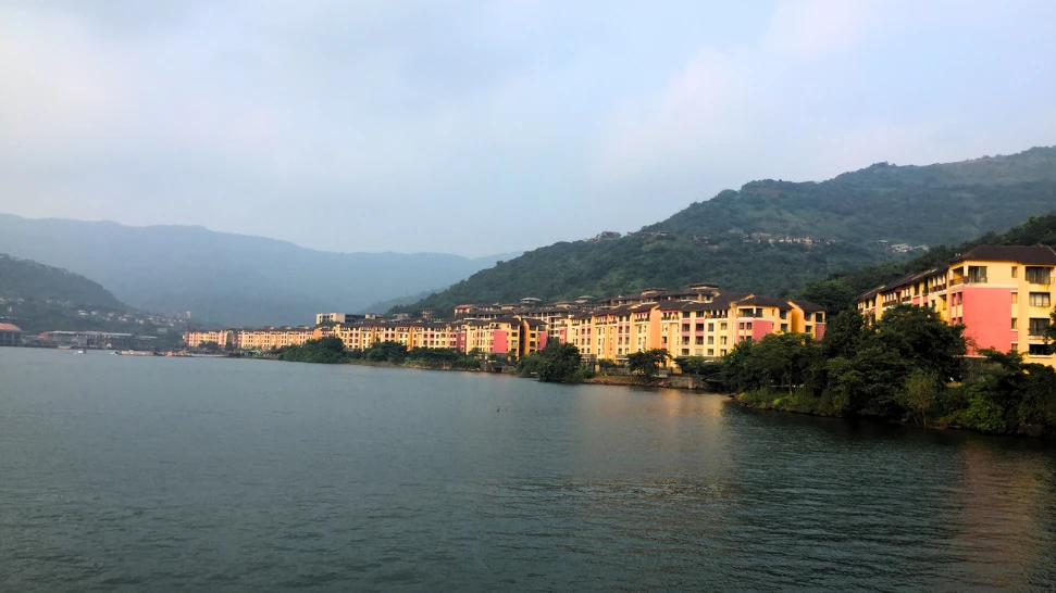 Lavasa planned hill city near Mumbai with colorful lakeside buildings