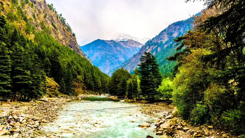 Riverside view of Chalal Village near Kasol with pine forests and Parvati River
