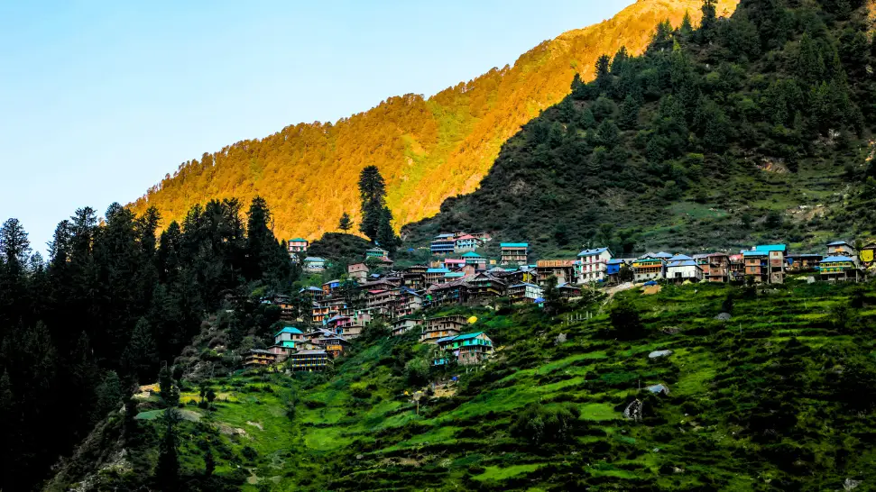 Traditional houses and mountain scenery in ancient Malana Village