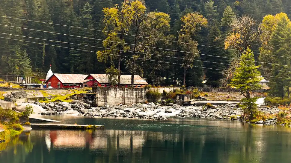 Barot Valley snowy hills and Uhl River in Mandi district