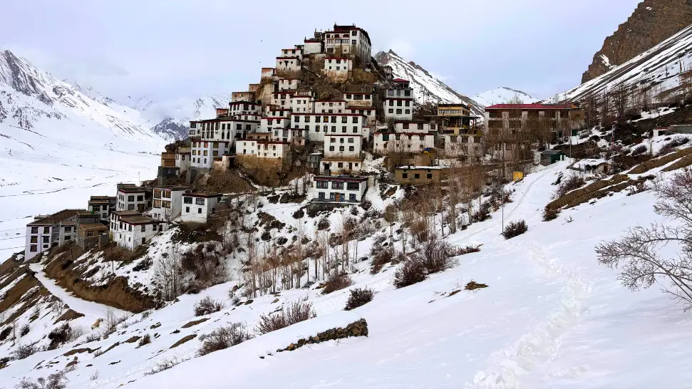 Spiti Valley winter landscape with Key Monastery in snow